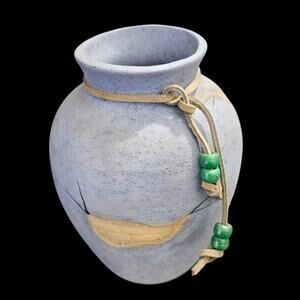 Southwestern Style Blue Speckled Pottery Vase w/ Leather Cord & Green Beads 6x4"